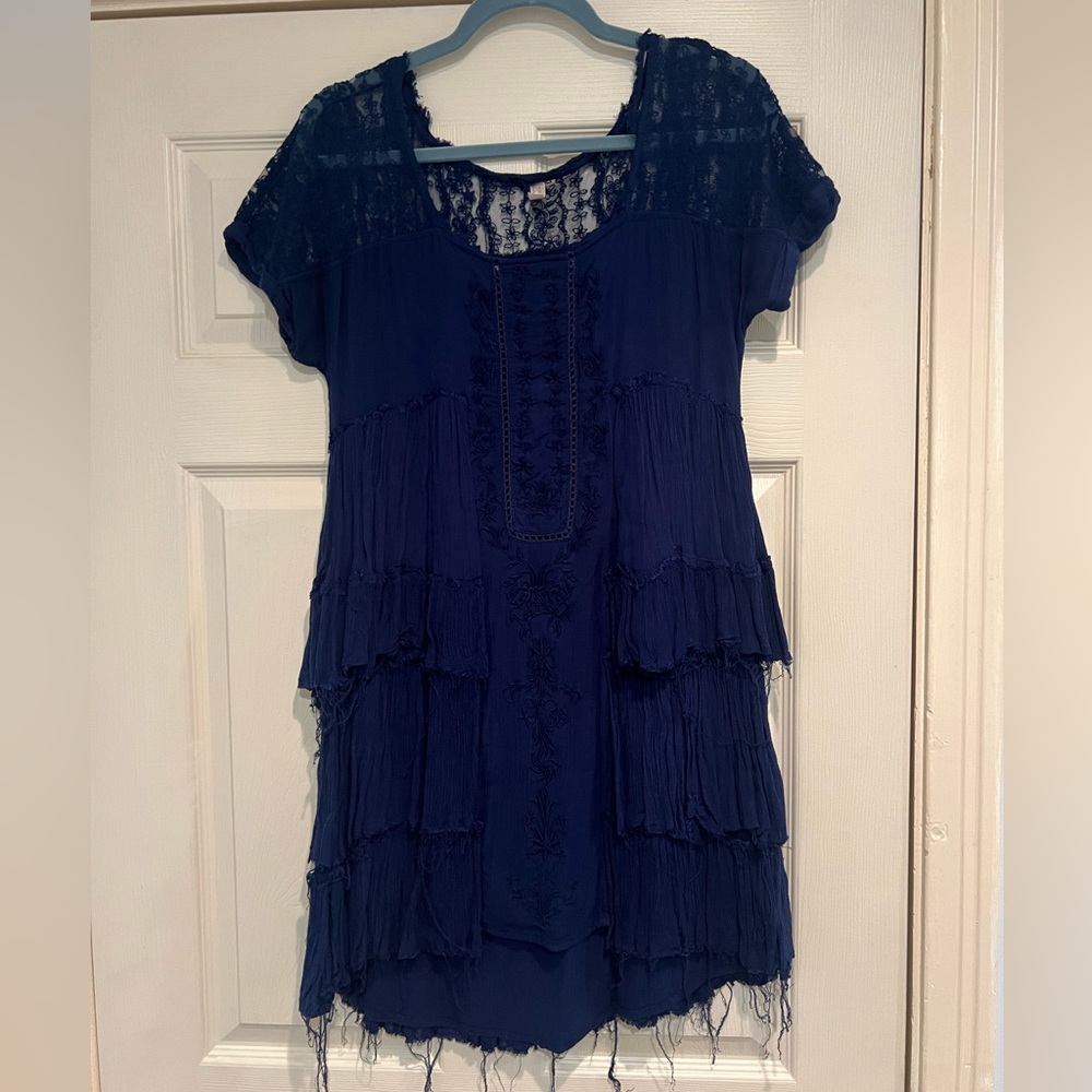 Free people distressed navy tiered dress size small